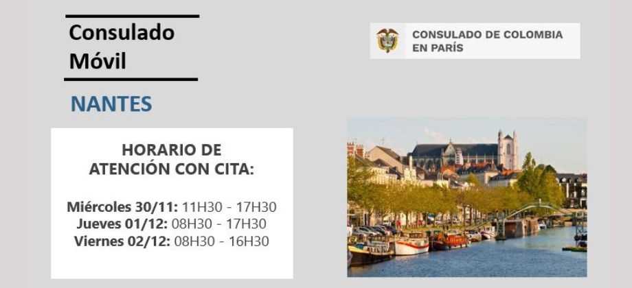 Del 30 de noviembre al 2 de diciembre se realizará la jornada del Consulado Móvil en Nantes