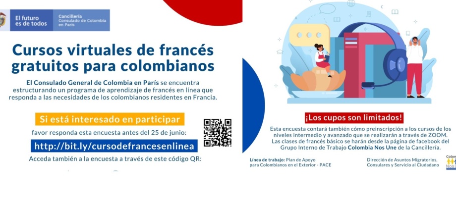 Cursos virtuales de francés gratuitos para colombianos, en el Consulado de Colombia en París. Diligencie la encuesta antes del 25 de junio de 2021