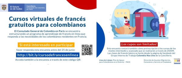 Cursos virtuales de francés gratuitos para colombianos, en el Consulado de Colombia en París. Diligencie la encuesta antes del 25 de junio de 2021