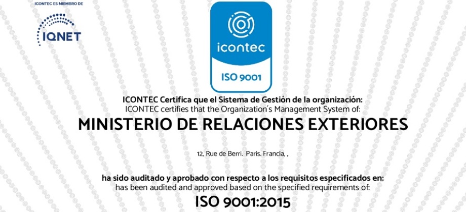 Consulado de Colombia en París recibe el Certificado de Calidad ISO 9001:2015
