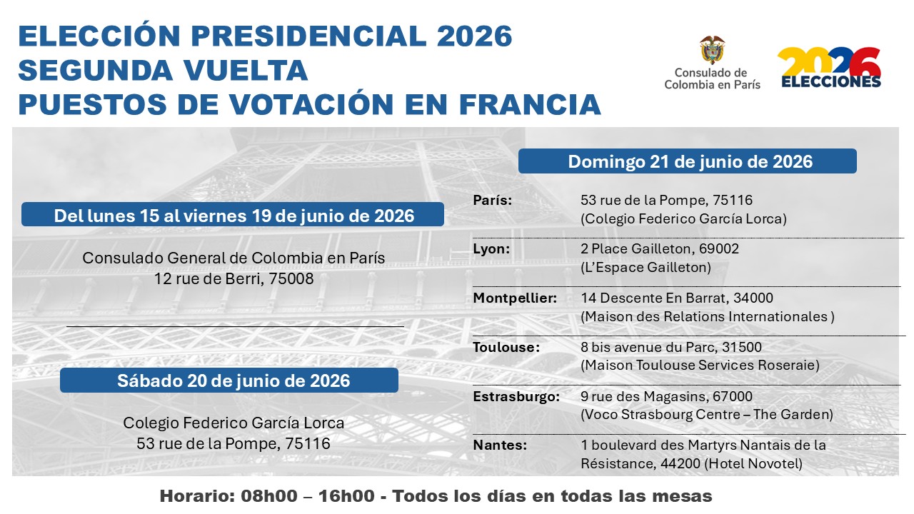 Consulado de Colombia en París publica los puestos de votación en la segunda vuelta de elección presidencial 2026