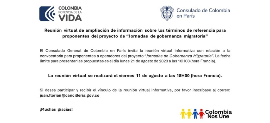 Reunión virtual de ampliación de información sobre términos de referencia para proponentes del proyecto “Jornadas de gobernanza migratoria”